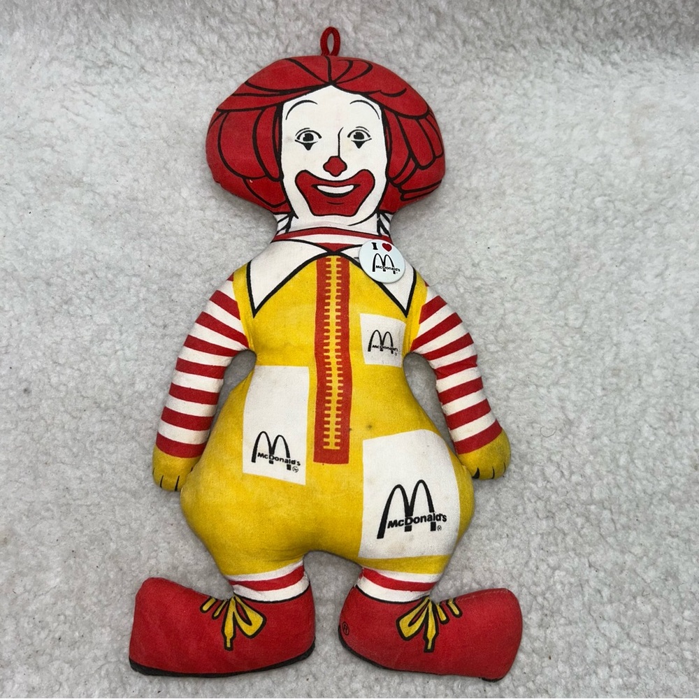 Ronald McDonald 80's plush flat stiff stuffed pillow 13" with McDonald pin READ